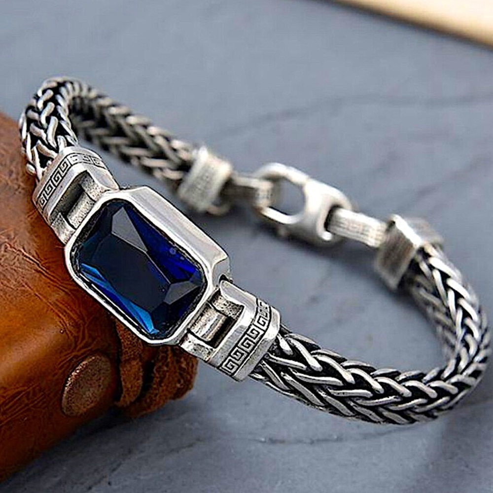 Sterling Silver Blue Zircon Braided Bracelet, Unisex, Handmade